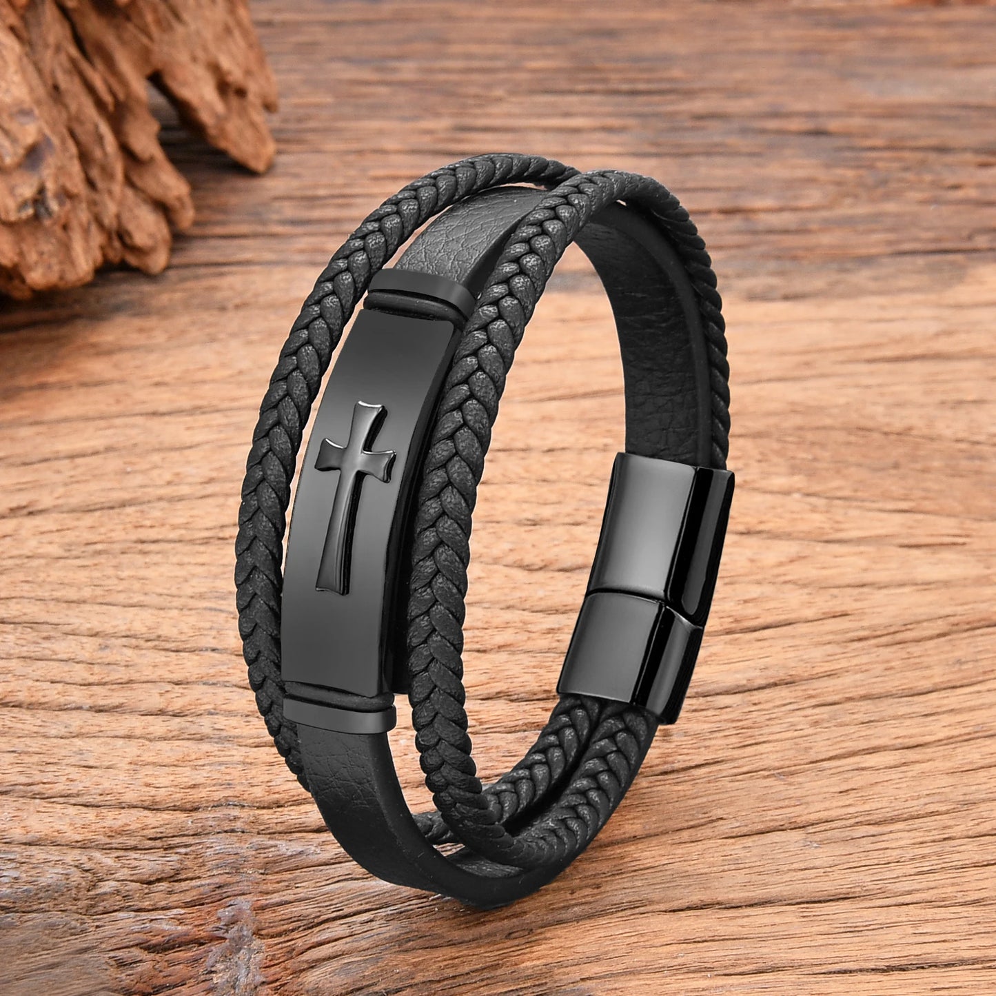 MEN'S BRAIDED LEATHER BRACELET WITH CROSS