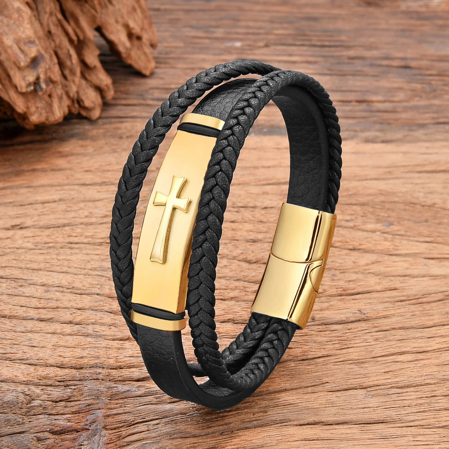 MEN'S BRAIDED LEATHER BRACELET WITH CROSS