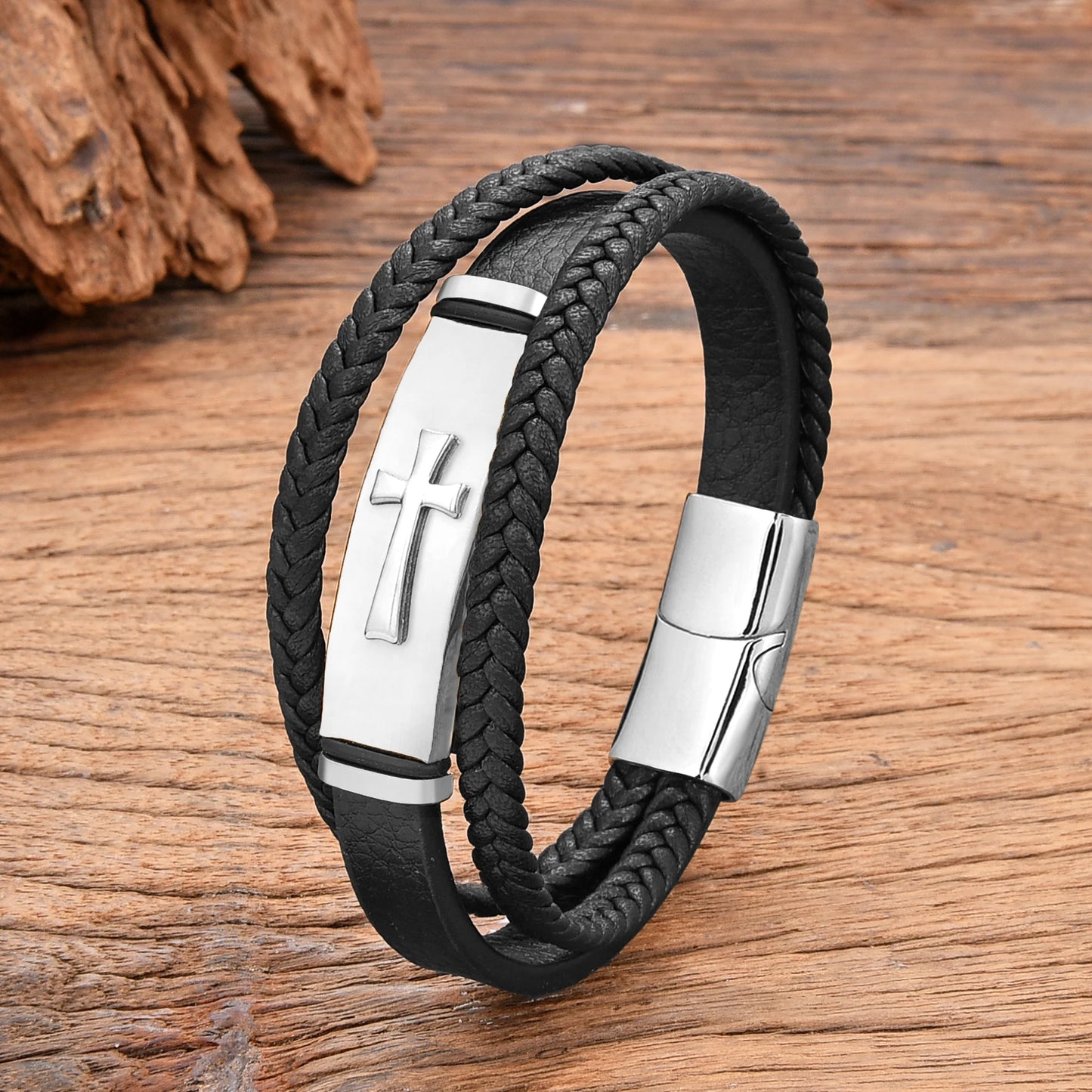 MEN'S BRAIDED LEATHER BRACELET WITH CROSS