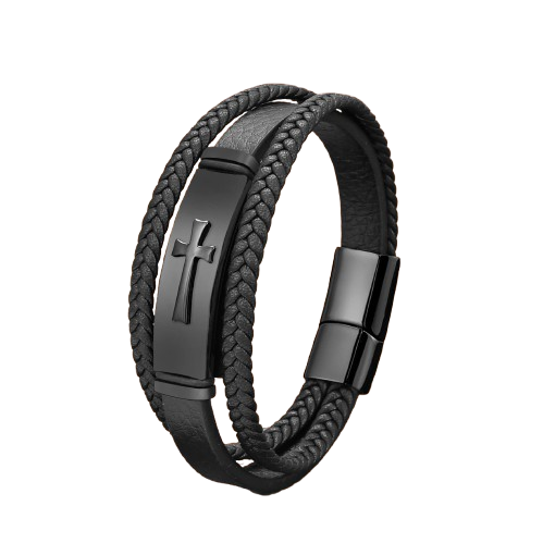 MEN'S BRAIDED LEATHER BRACELET WITH CROSS
